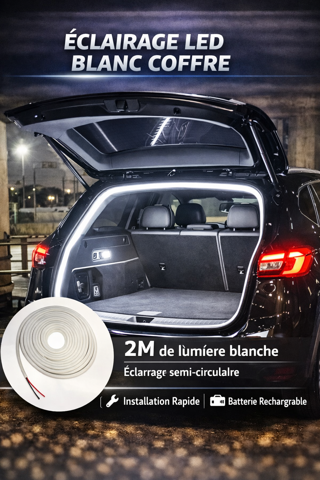 Bande LED de Coffre Sans Fil 2M – Éclairage Blanc pour Voiture (Installation Facile 12V)