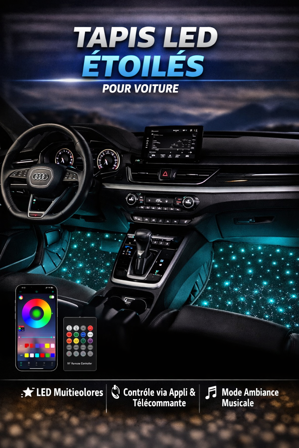 Set de 4 Tapis LED Intérieur Voiture – Éclairage Ambiance RGB avec Télécommande – Sans fil & Universel