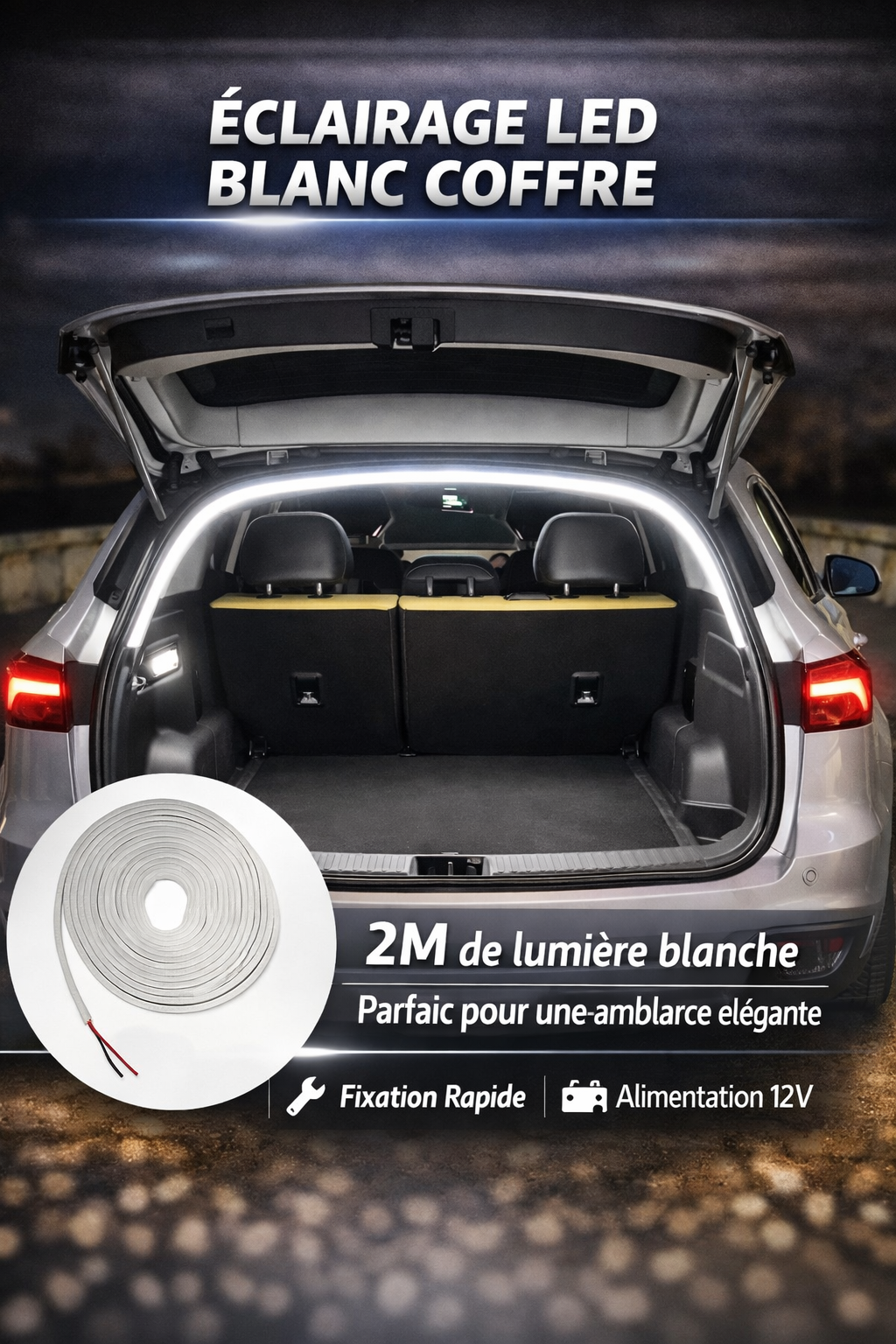 Bande LED de Coffre Sans Fil 2M – Éclairage Blanc pour Voiture (Installation Facile 12V)