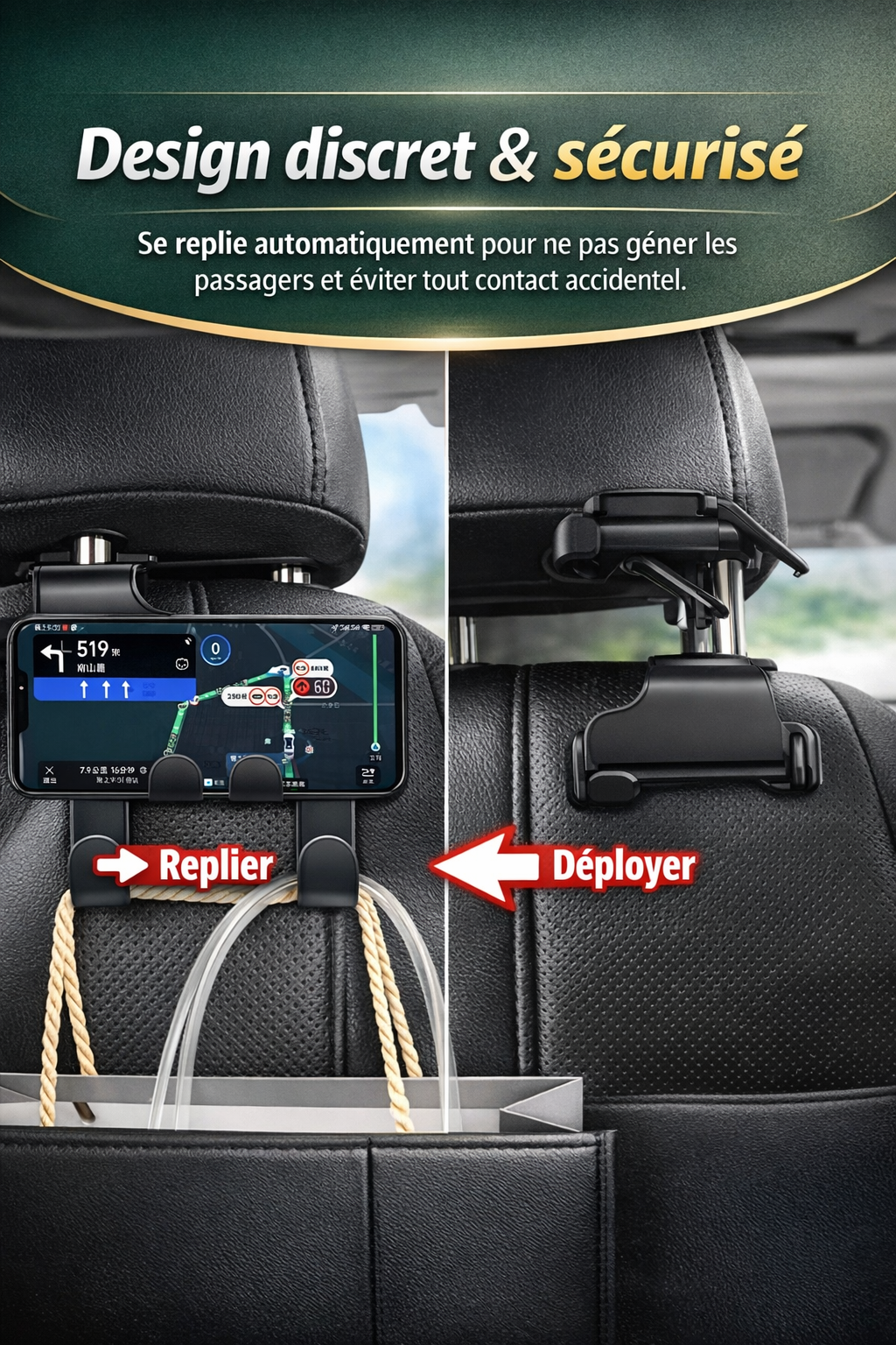 Support Téléphone Appui-Tête Voiture – Pliable, Rotatif 360°, Compatible Tous Smartphones