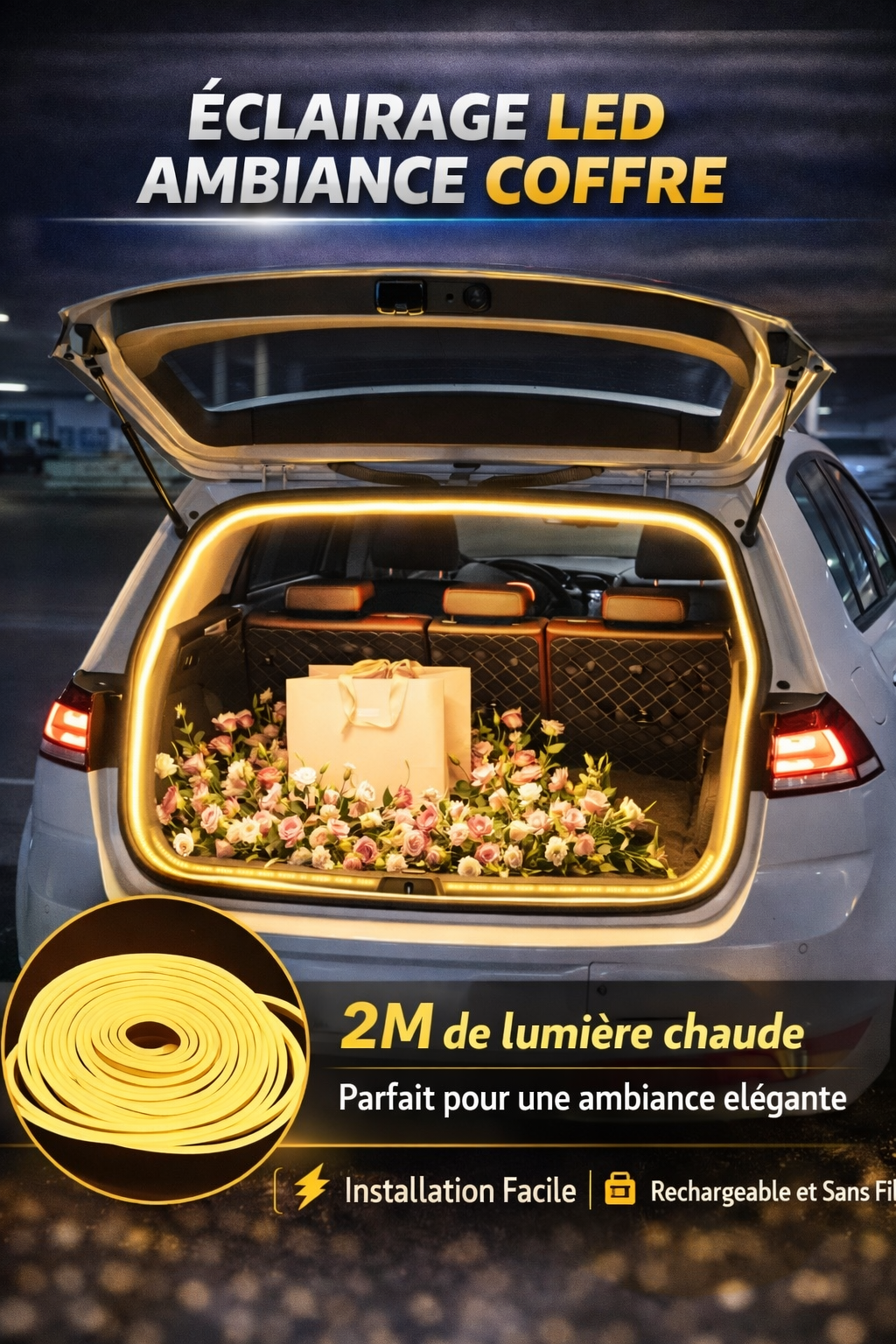 Bande LED de Coffre Sans Fil 2M – Éclairage Blanc pour Voiture (Installation Facile 12V)