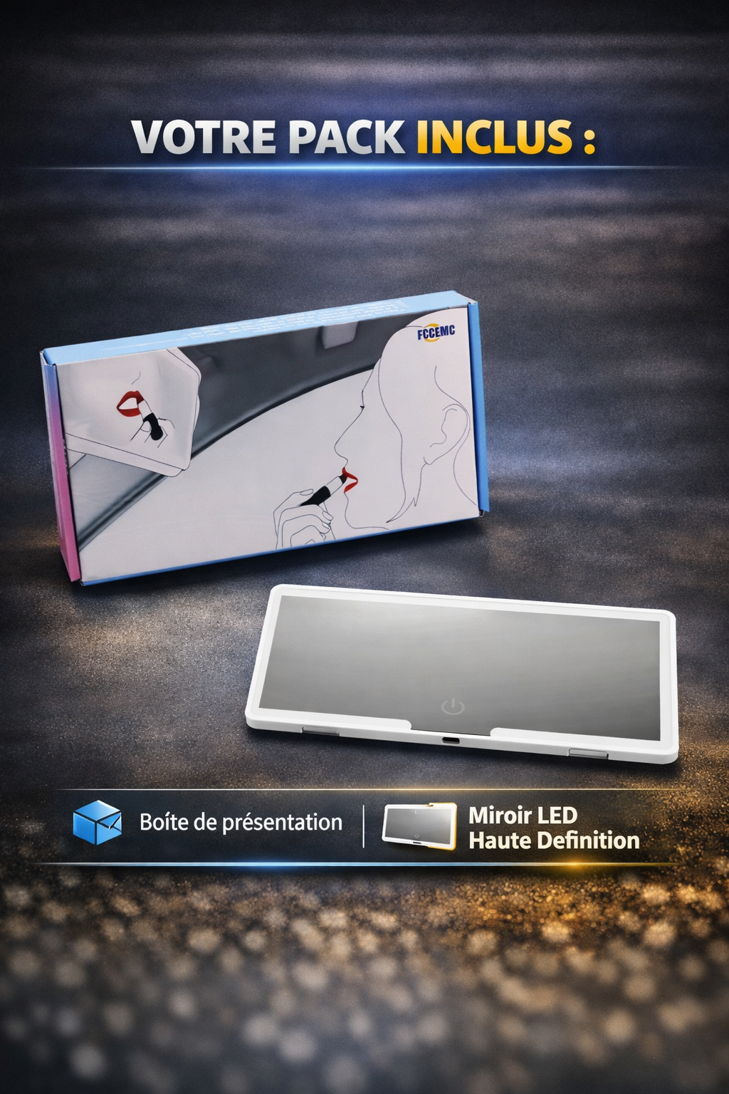 Miroir LED Sans Fil pour Pare-Soleil de Voiture – Tactile 3 Niveaux, Rechargeable USB, Ultra Fin