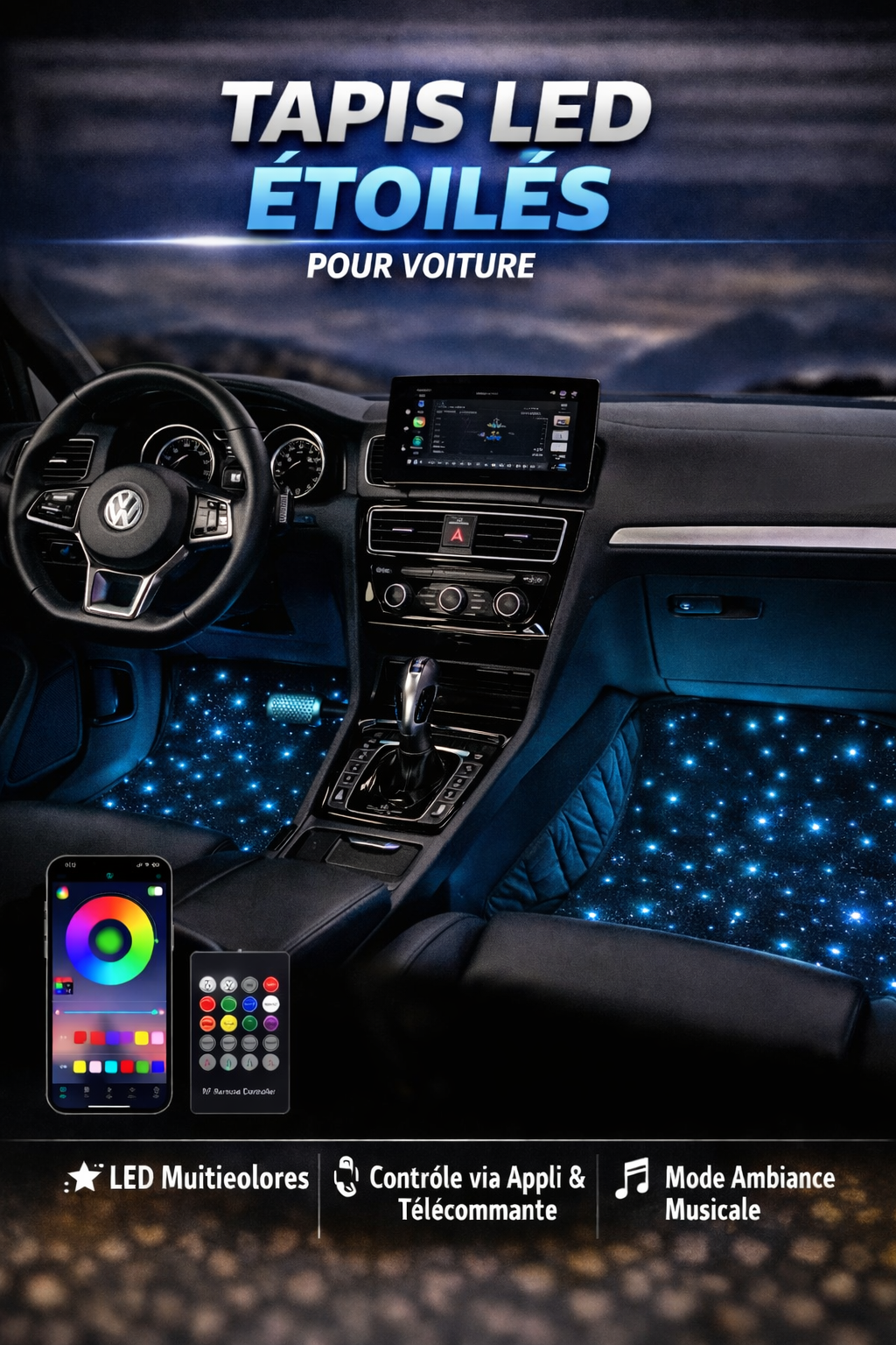 Set de 4 Tapis LED Intérieur Voiture – Éclairage Ambiance RGB avec Télécommande – Sans fil & Universel