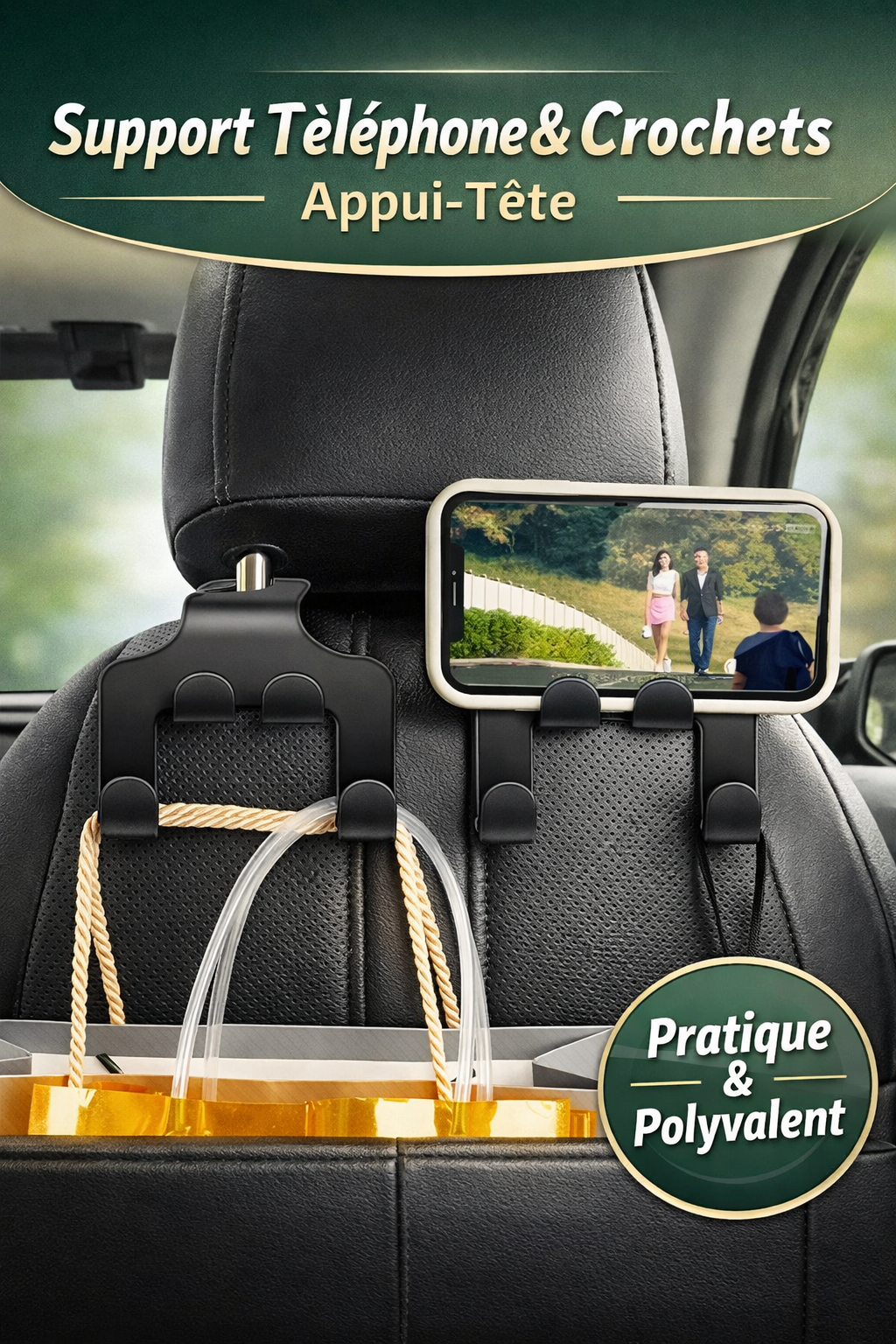 Support Téléphone Appui-Tête Voiture – Pliable, Rotatif 360°, Compatible Tous Smartphones