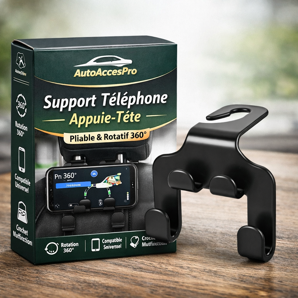 Support Téléphone Appui-Tête Voiture – Pliable, Rotatif 360°, Compatible Tous Smartphones