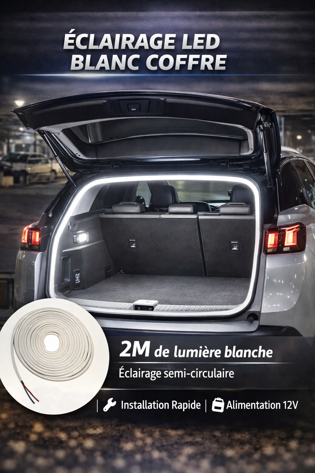 Bande LED de Coffre Sans Fil 2M – Éclairage Blanc pour Voiture (Installation Facile 12V)