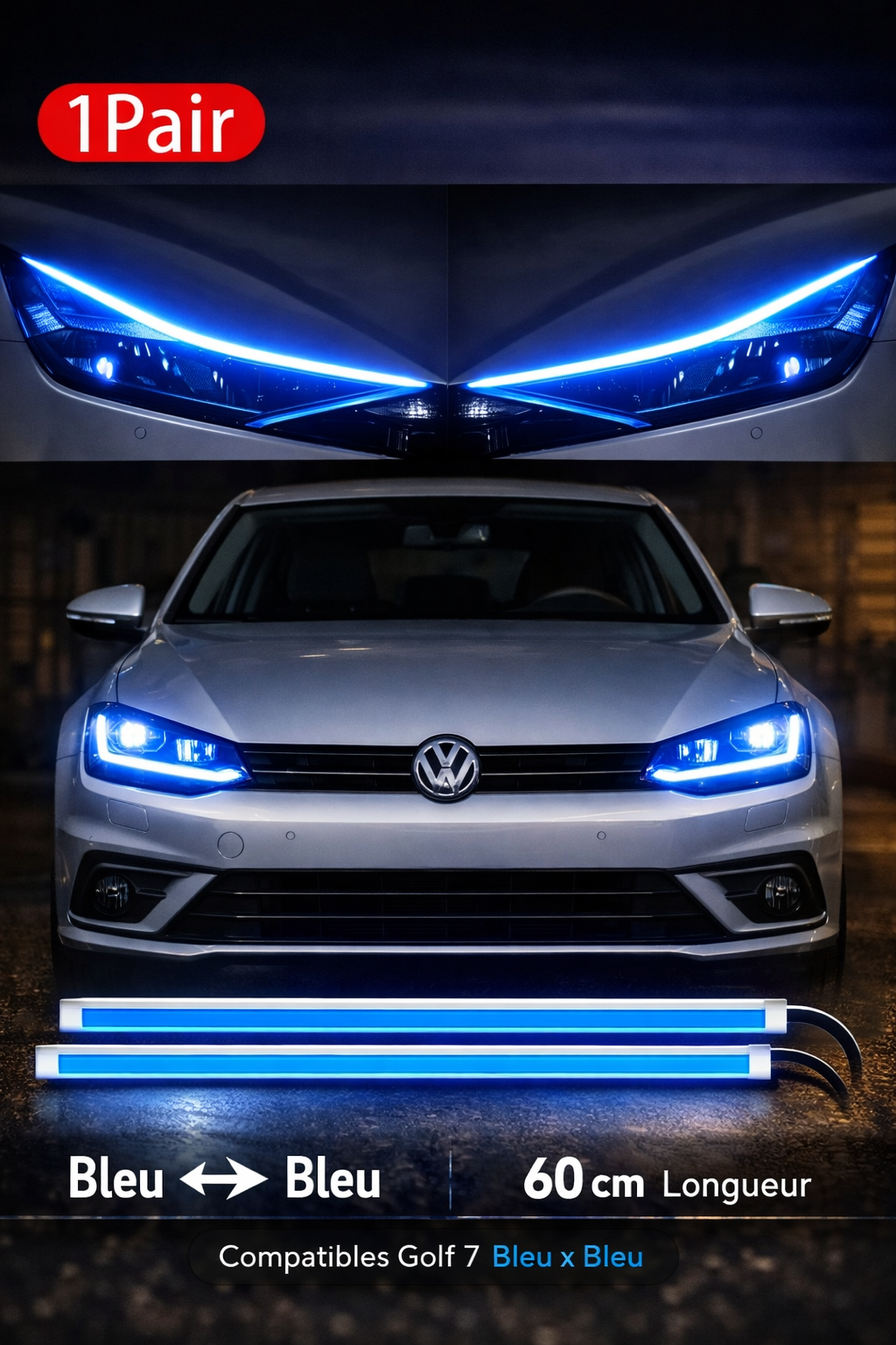 1️⃣ Bandes LED Dynamique pour Phare – Effet Bleu Glacé Universel