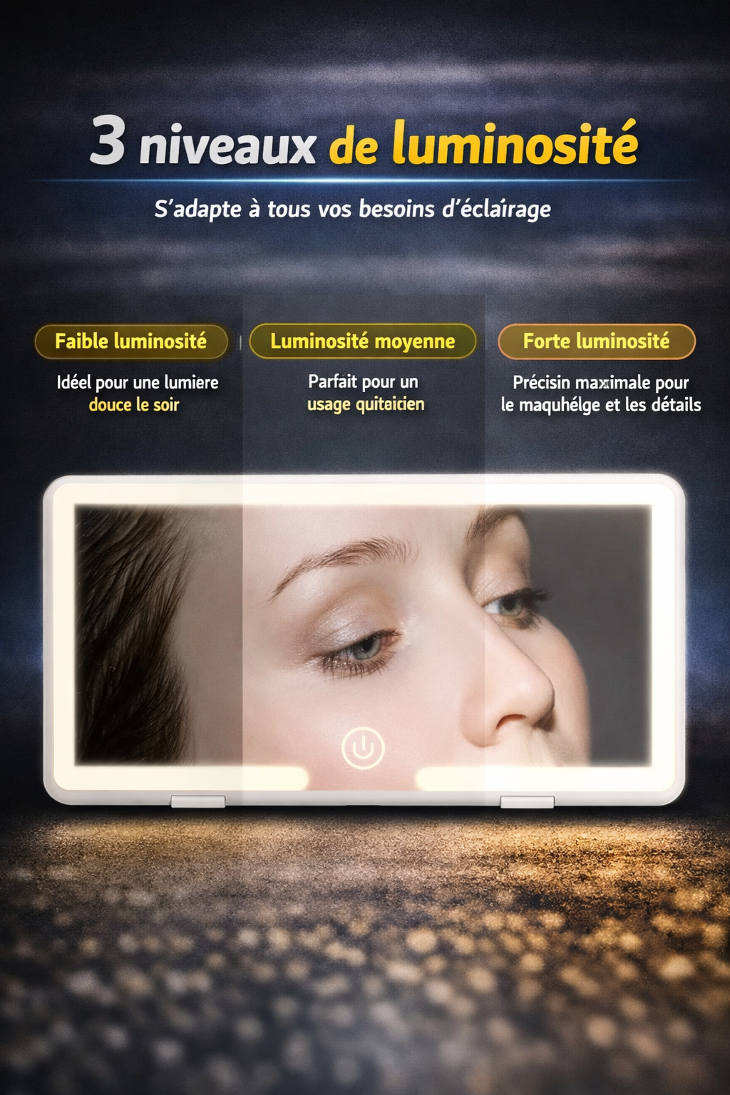 Miroir LED Sans Fil pour Pare-Soleil de Voiture – Tactile 3 Niveaux, Rechargeable USB, Ultra Fin