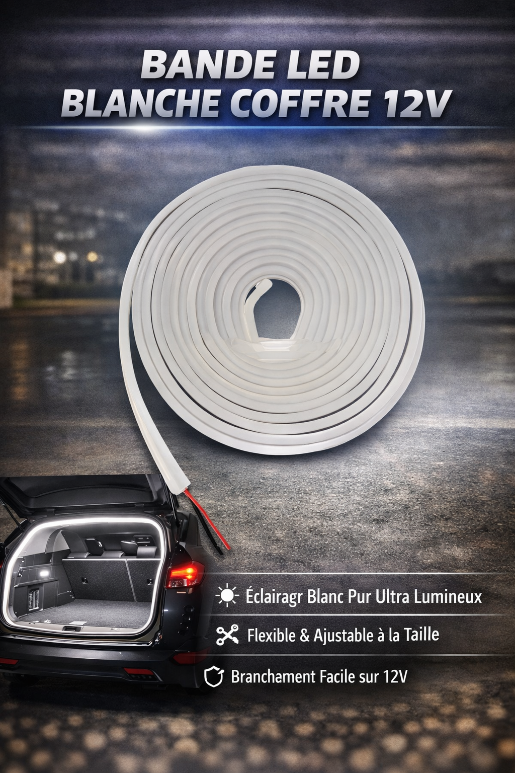Bande LED de Coffre Sans Fil 2M – Éclairage Blanc pour Voiture (Installation Facile 12V)