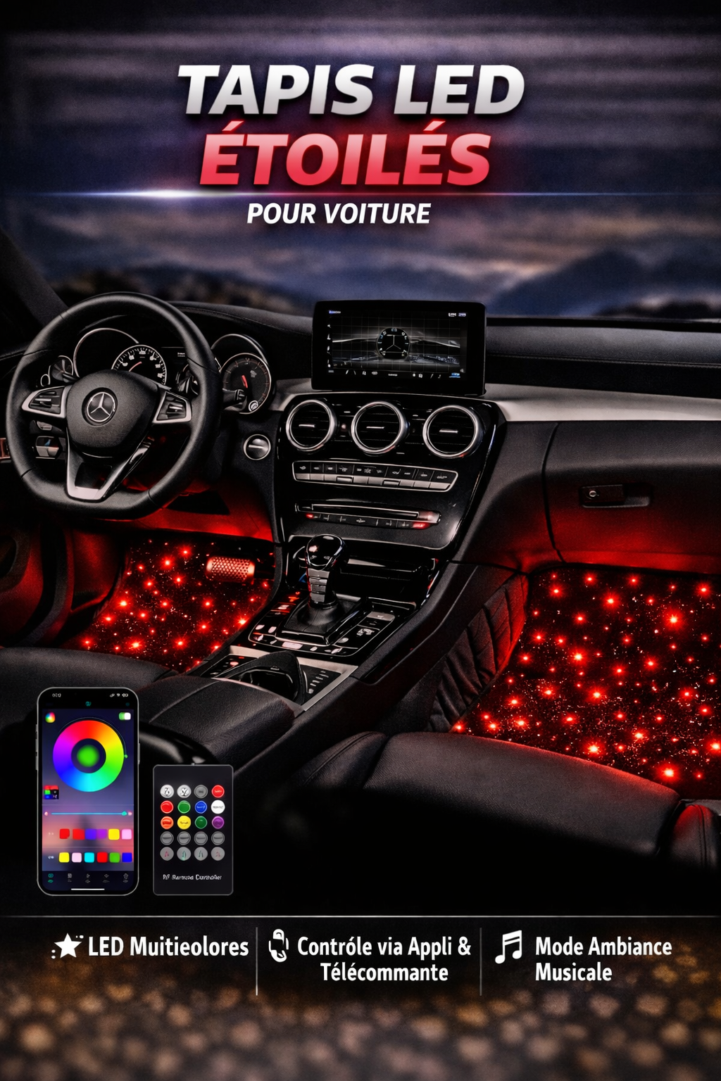 Set de 4 Tapis LED Intérieur Voiture – Éclairage Ambiance RGB avec Télécommande – Sans fil & Universel