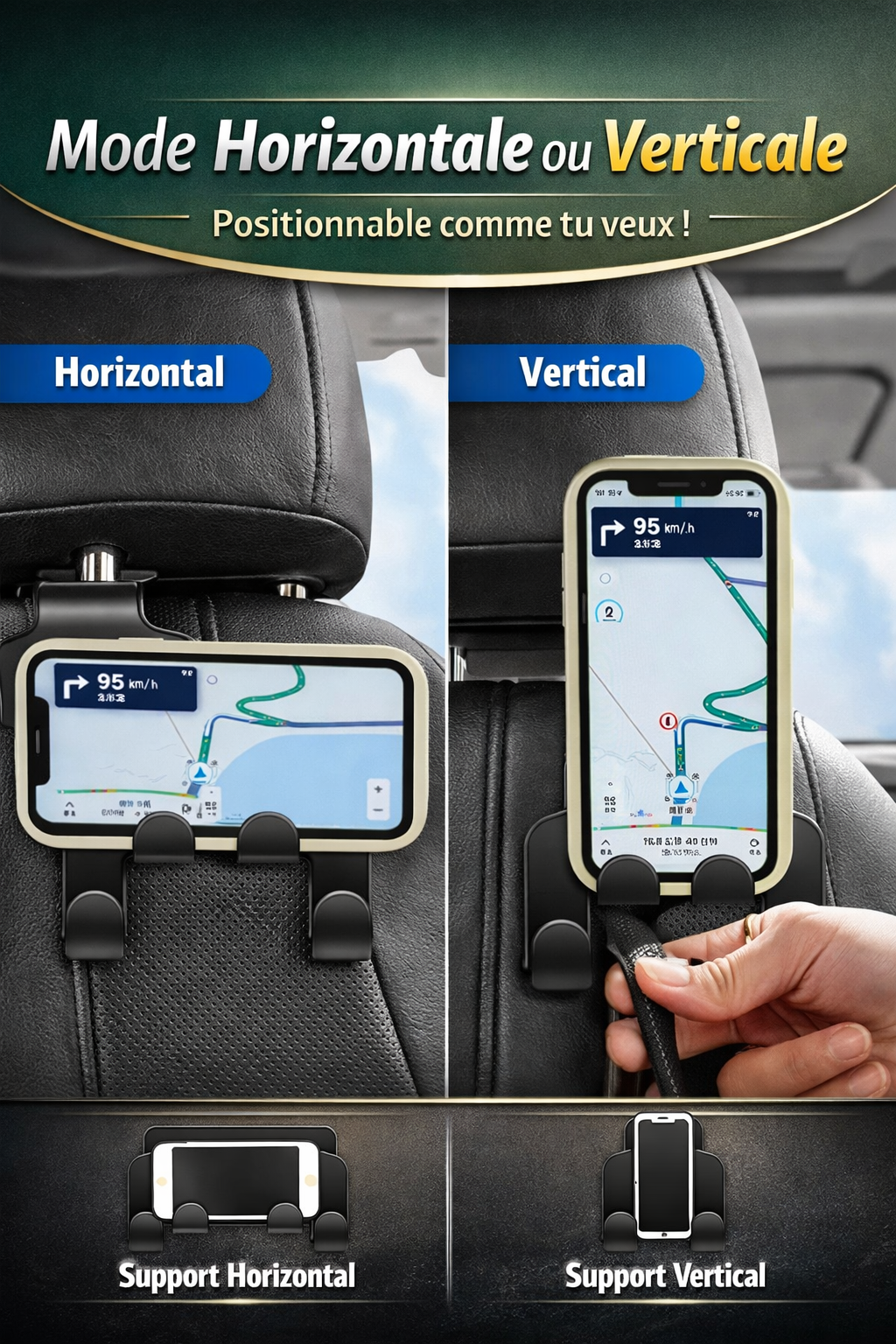 Support Téléphone Appui-Tête Voiture – Pliable, Rotatif 360°, Compatible Tous Smartphones