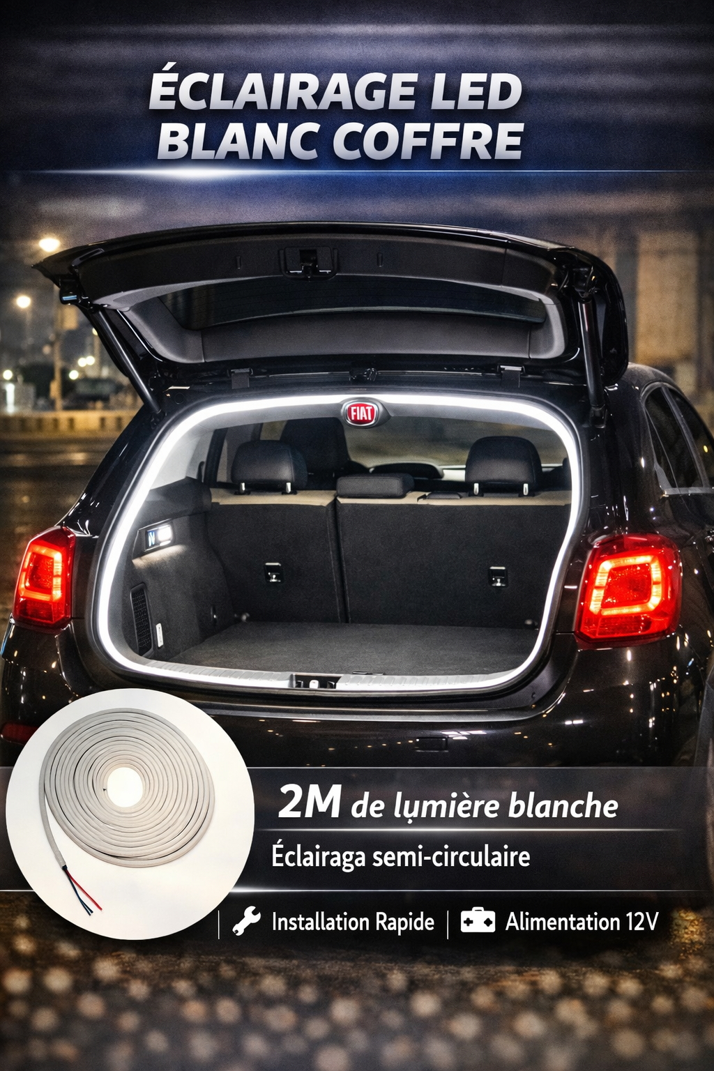 Bande LED de Coffre Sans Fil 2M – Éclairage Blanc pour Voiture (Installation Facile 12V)