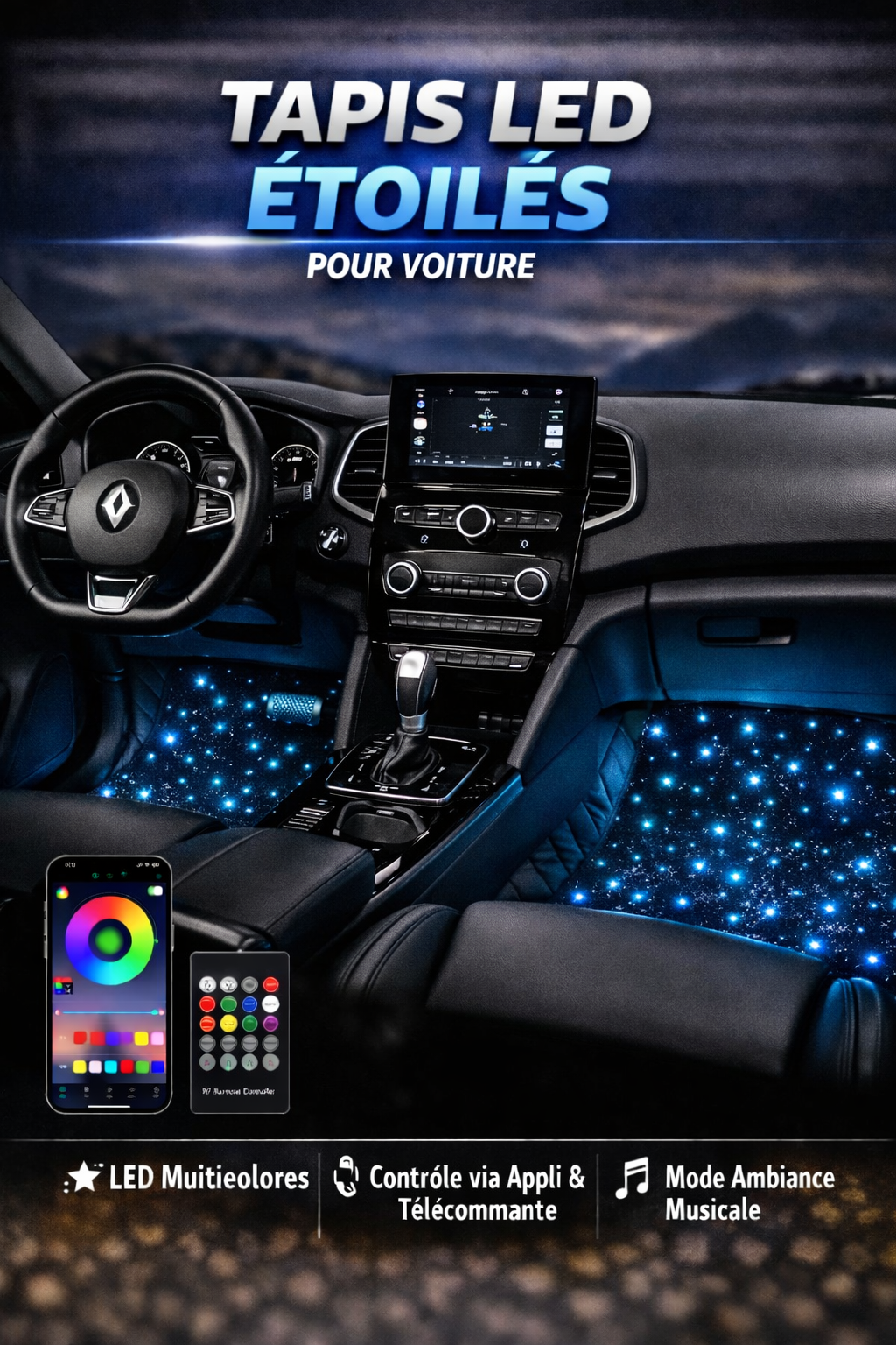 Set de 4 Tapis LED Intérieur Voiture – Éclairage Ambiance RGB avec Télécommande – Sans fil & Universel