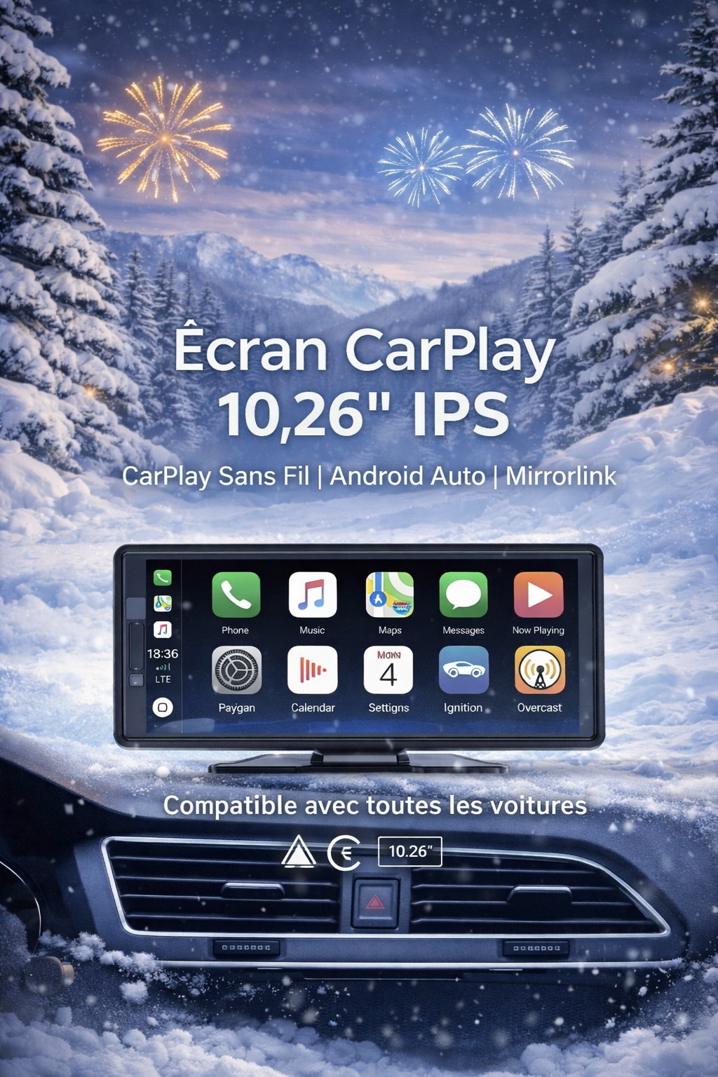 Écran CarPlay 11,26” Haute Définition – Grand écran tactile 4K + 1080P