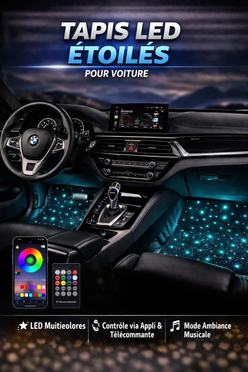 Set de 4 Tapis LED Intérieur Voiture – Éclairage Ambiance RGB avec Télécommande – Sans fil & Universel